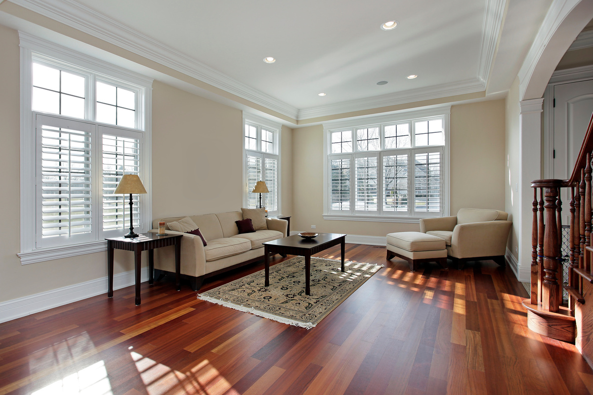 Living room with cherry hardwood flooring